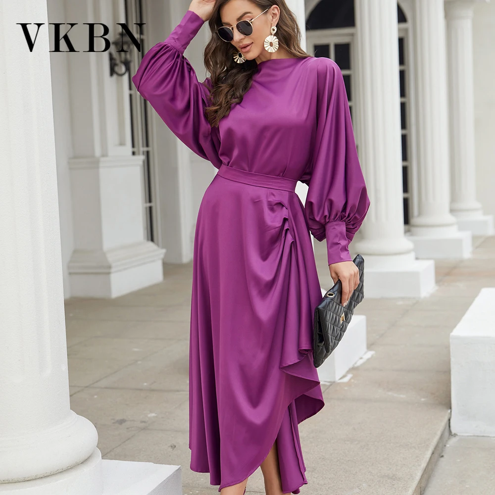 

VKBN Irregular Top 2 Piece Set Women Purple Green Slash Neck Lantern Full Sleeve Elastic Waist Ruffle Skirt Set Fashion 2022