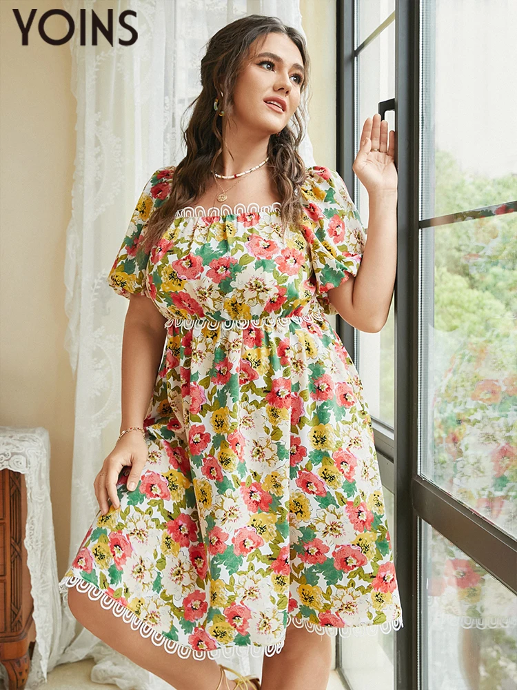 

YOINS Sexy Square Neck Bohemian Holiday Vestidos 2022 Summer Women Short Sleeve Floral Print Party Dress Casual Patchwork Robe