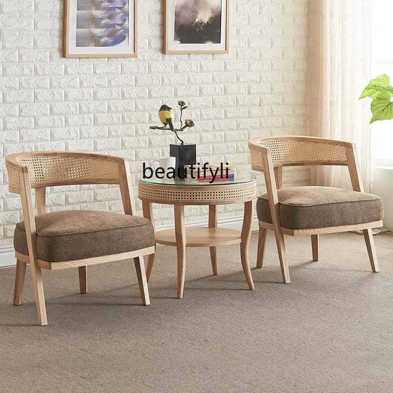 

yj Balcony Rattan Three-Piece Tables and Chairs Combination Leisure Couch Solid Wood Single Rattan Chair