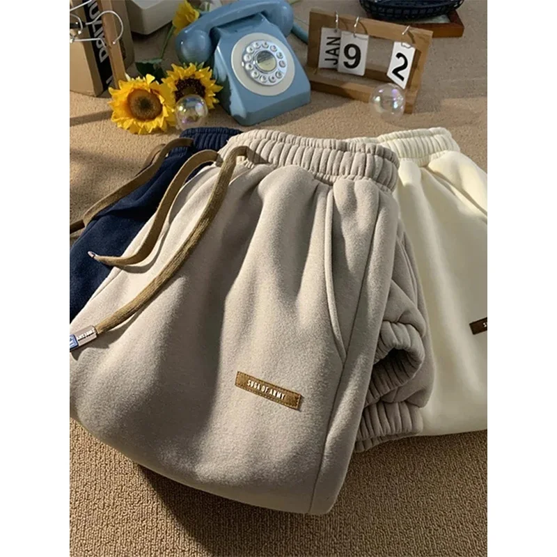 Корейские толстые плюшевые женские спортивные брюки на шнуровке с эластичной