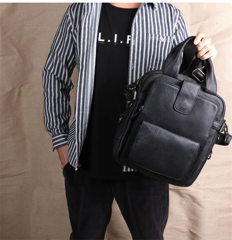Retro fashion top first layer cowhide men's black handbag for outdoor work high quality natural real leather business briefcase