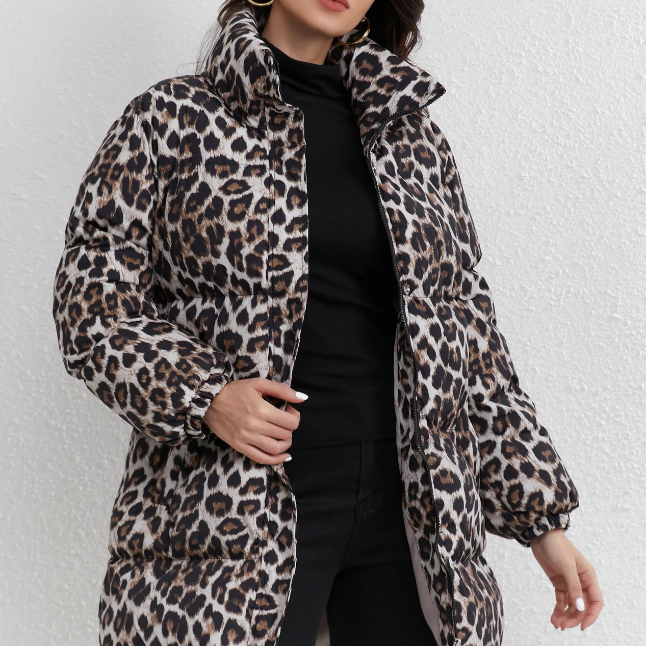Ретро Y2k леопардовый принт осень и зима ленивый стиль воротник-стойка свободное