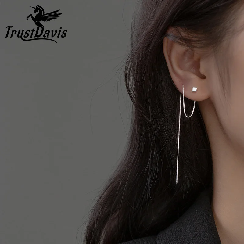 

TrustDavis Real 925 Sterling Silver 2022 Sweet Square Box Chain Line Earrings For Women Fashion Birthday Gift Jewelry DE0552