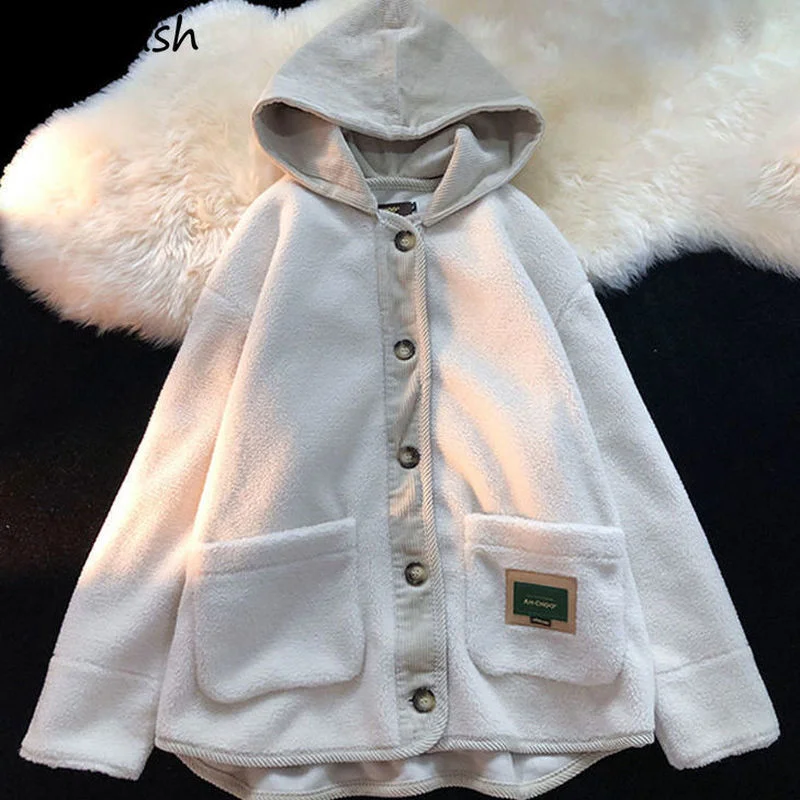 

Winter Hooded Jackets Women Single Breasted Pockets Lambswool Warm Coat Vintage Outwear Student All-match Jacket Preppy Hot Sale