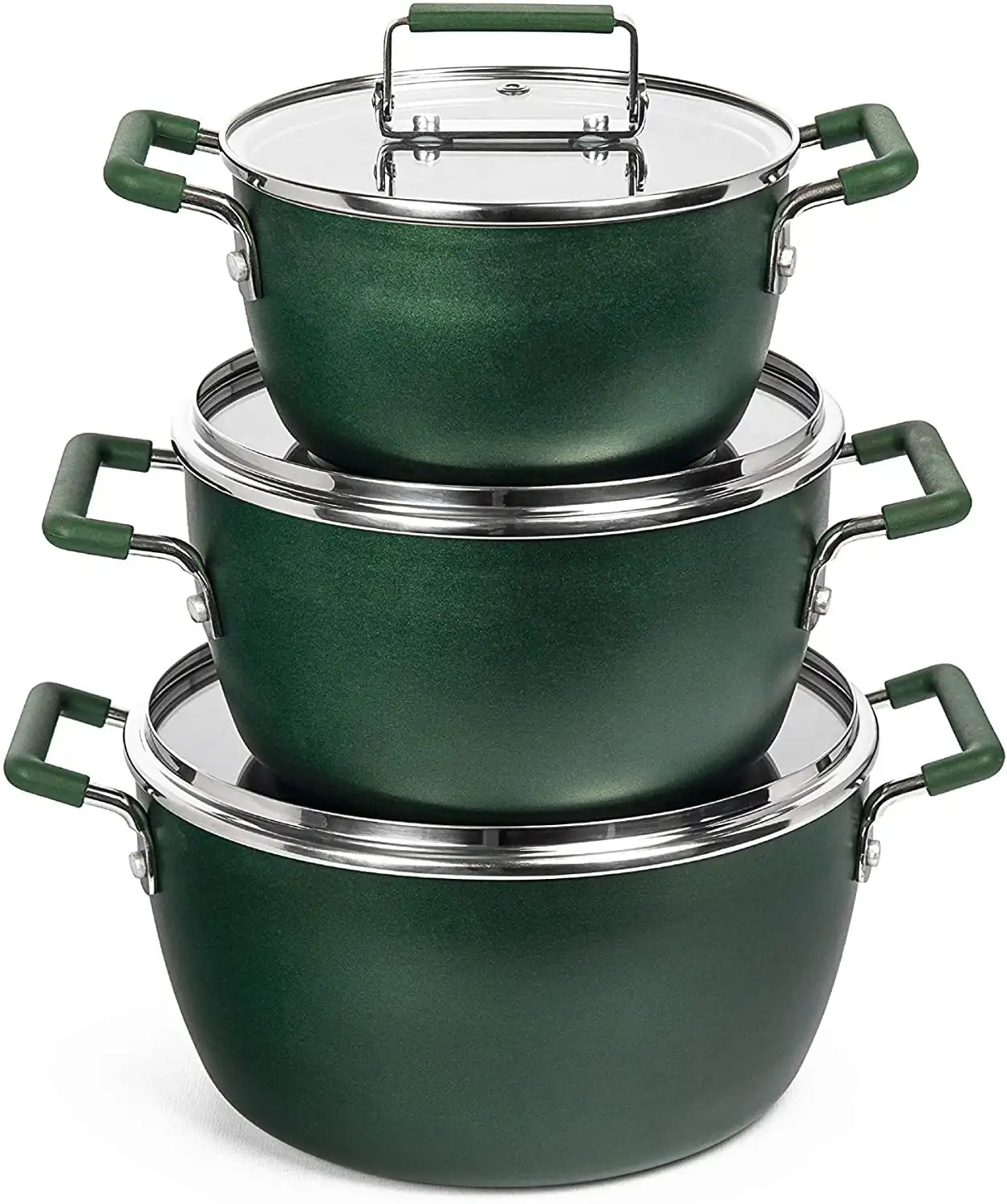 

6 Piece Nesting Pots, Space Saving, Non-stick, Dishwasher Safe, Emerald