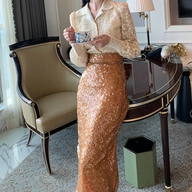 Новая модная юбка INS средней длины полная с блестками Женская прямая в виде