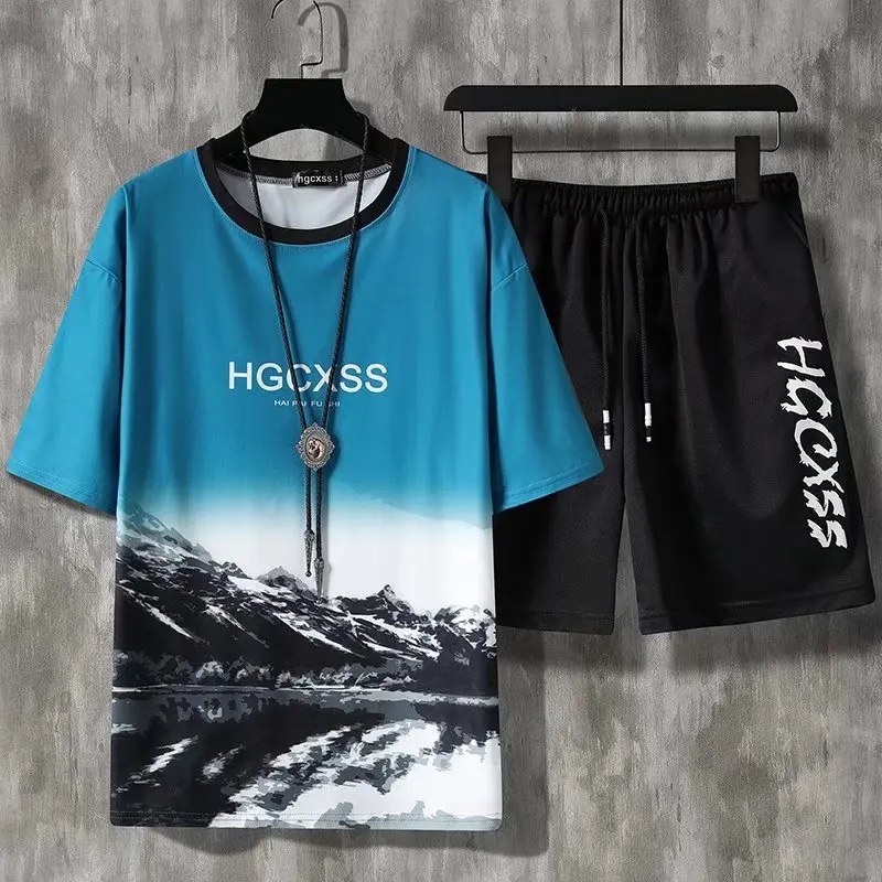 Summer Men's Sets Korean Fashion Tracksuit Streetwear Graphic Print Men Outfit Set T Shirts+Shorts 2 Piece Sets Casual Clothes
