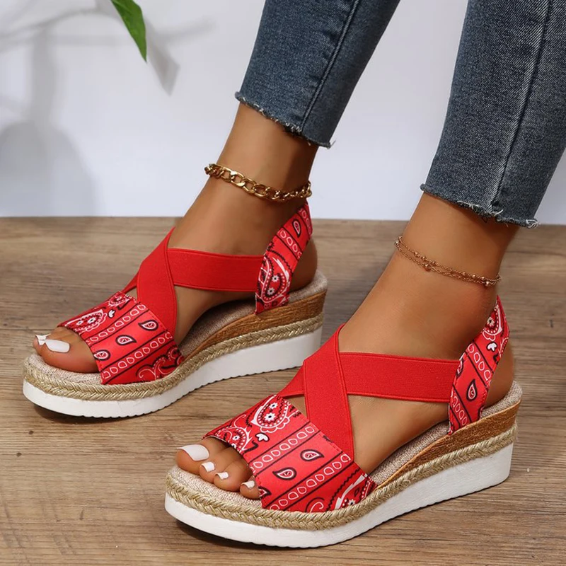 

2022 Summer Women's Wedges Thick Bottom Peep Toe Lady Sandals Fashion Cross-tied Slides Platform Casual Flat Sandalias De Tacon