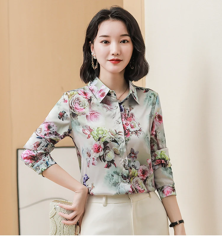 Женская винтажная атласная рубашка с цветочным принтом повседневная роскошная