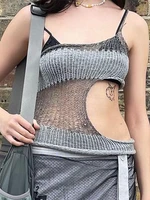 sunny y j y2k knitted crop top cut out asymmetrical camis backless patchwork sexy women chic grey grunge mini vest retro korean