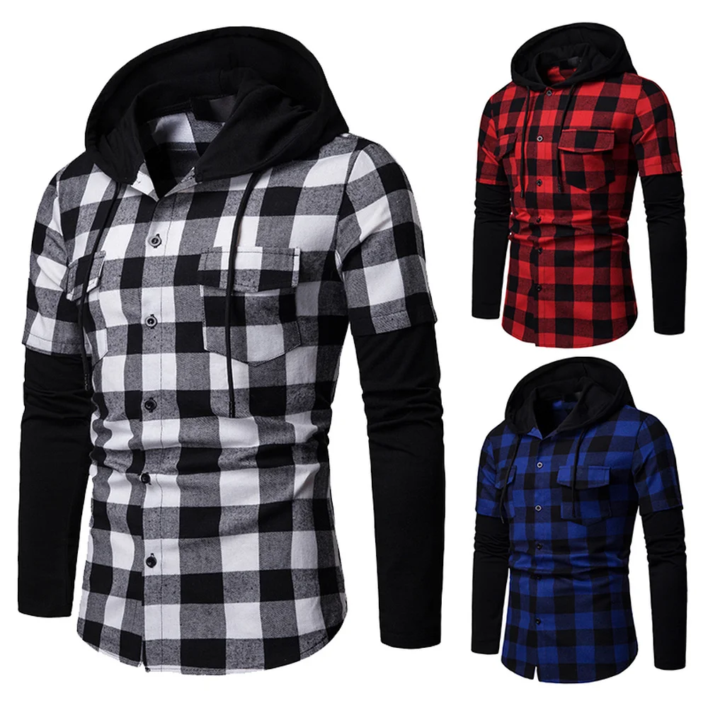 

Men's Casual Slim Fit Shirt Fashion Plaid Hooded Dual Pockets Long Sleeve Shirt
