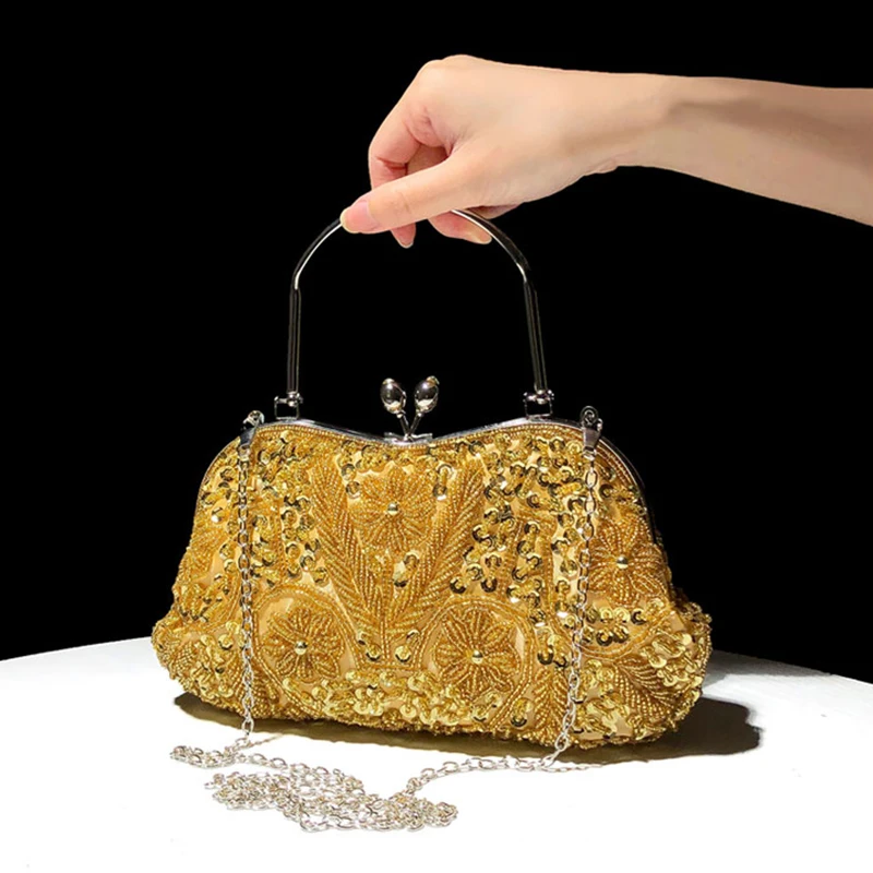 

Beaded Women Evening Handbag Sequined Ladies Ceremony Golden Clutch Bags Delicate Wedding Bridal Purses Gold Hand Bag for Woman