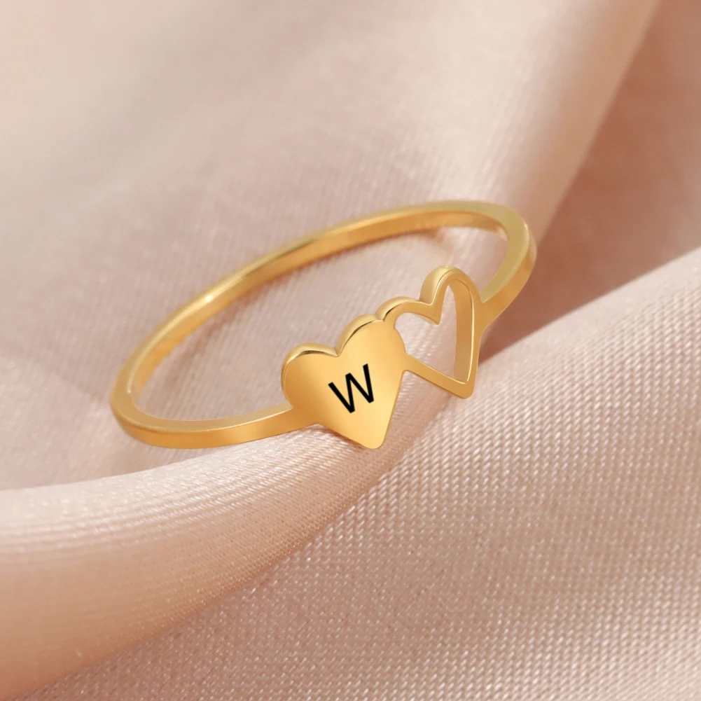 

VASSAGO Fashion Double Hearted Women's Initial Ring Stainless Steel Jewelry Couple Anniversary Wedding Gift