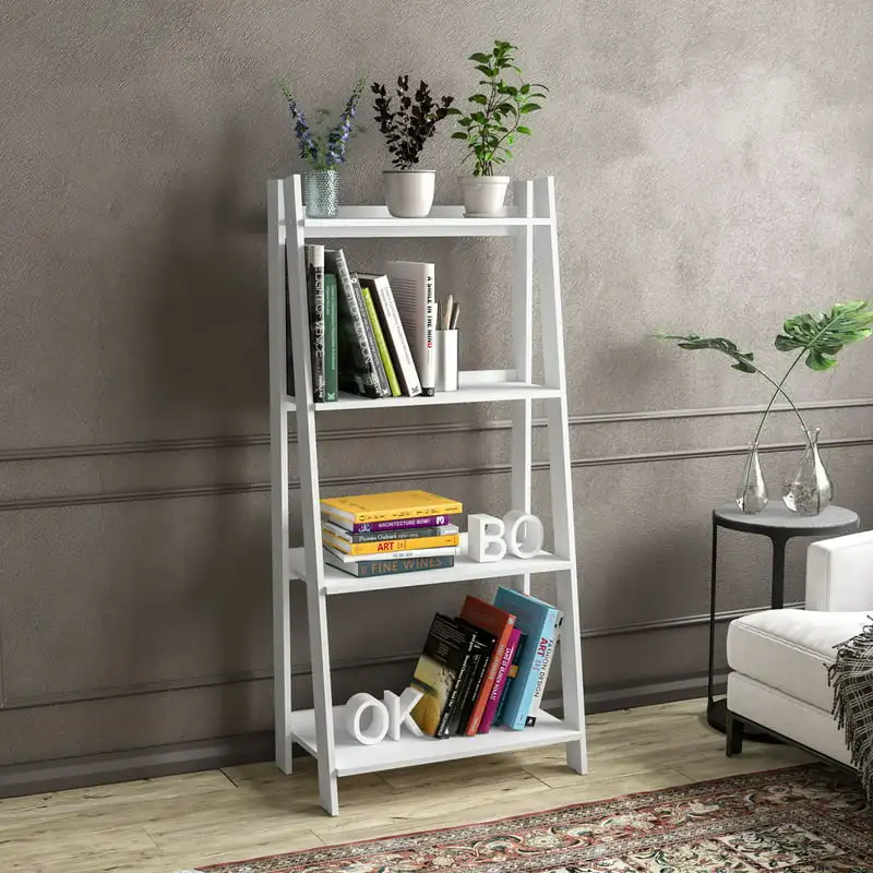 

Boahaus Orebro Ladder Bookcase, White Finish, Four Shelves Home Decor Display Stand Book Shelf