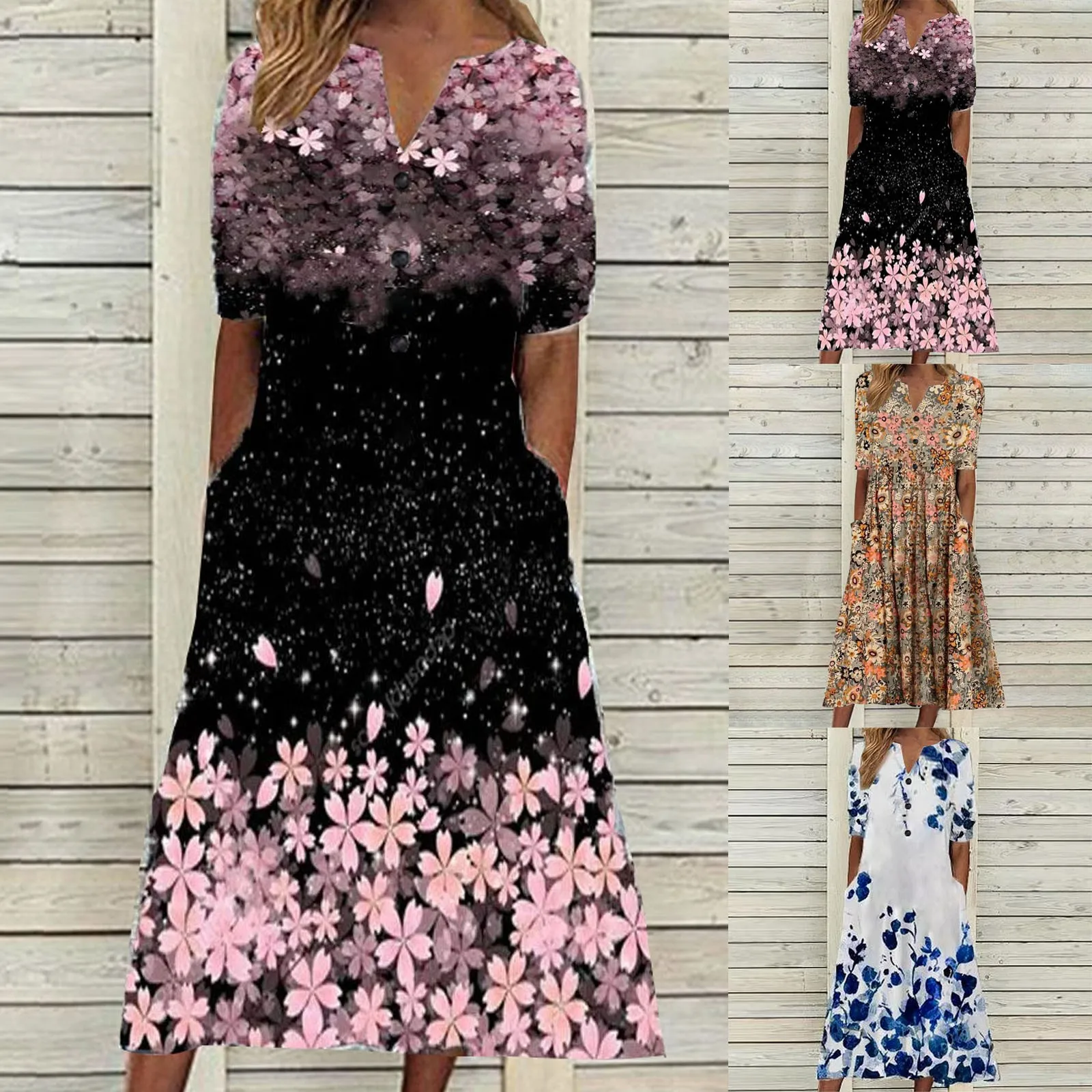 

Женское летнее платье на пуговицах, Повседневное платье средней длины с коротким рукавом и цветочным принтом, сарафан ский