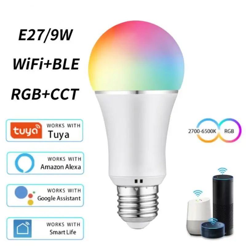 

Умная Светодиодная лампа RGB + CCT 9 Вт E27 с голосовым управлением и таймером