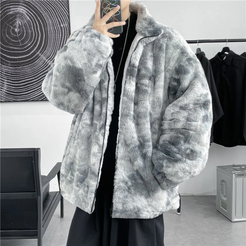Winter Jacket Men Warm Fashion Casual Thicke Lamb Wool Jacket Men Streetwear Loose Tie Dye Short Coat Mens Oversized Clothes