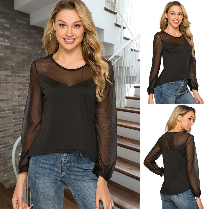 

Sexy Women T-shirt Long Sleeve Summer Mesh Patchwork Tops Wear See-through Long Sleeve Tops Sexy Ladies Slim T-shirt