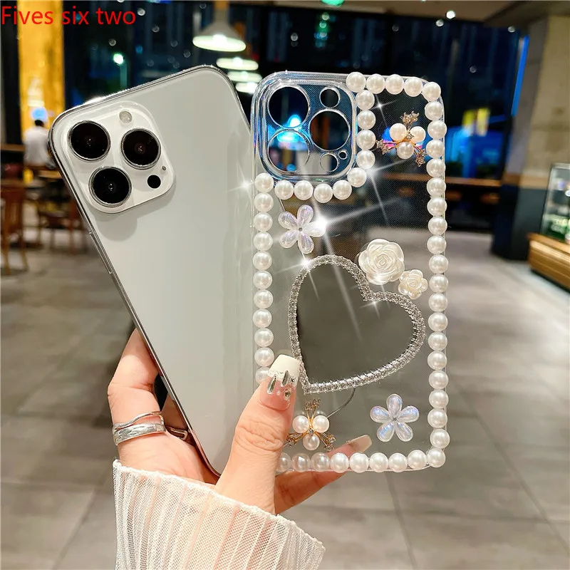 Прозрачное зеркало для макияжа с жемчужным сердцем подходит Huawei Nova 12i 11i 8i 7i 3i 5T Y9S