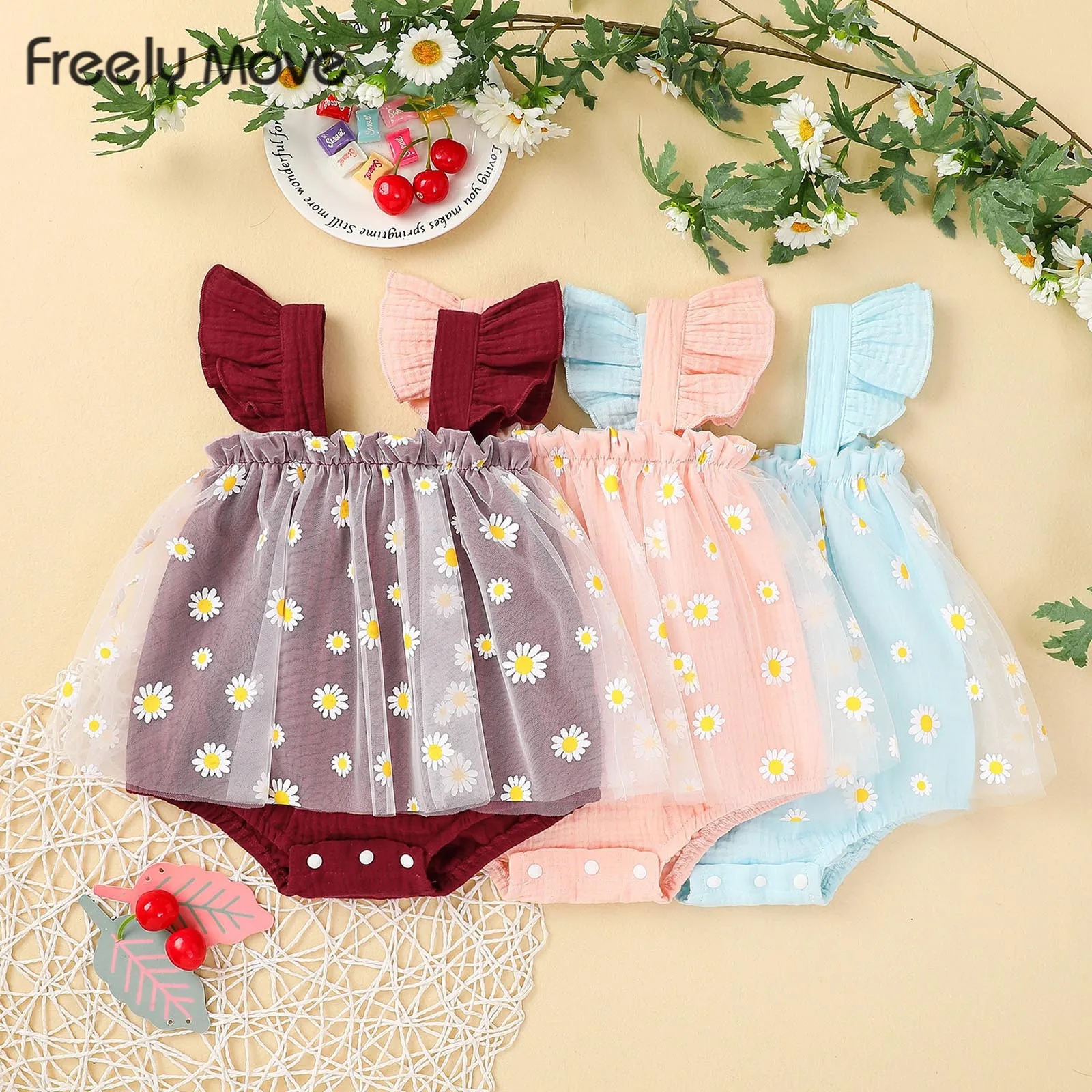 

Freely Move Summer New Princess Toddler Baby Girls Romper Dresses Flower Mesh Cotton Infant Girl's Sleeveless Bodysuits
