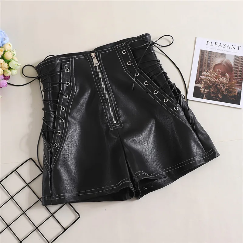 2021 Spring Summer Women PU Casual Black All Match Wide Leg Shorts Bandage High Waist Shorts Female Workwear Ladies Streetwear