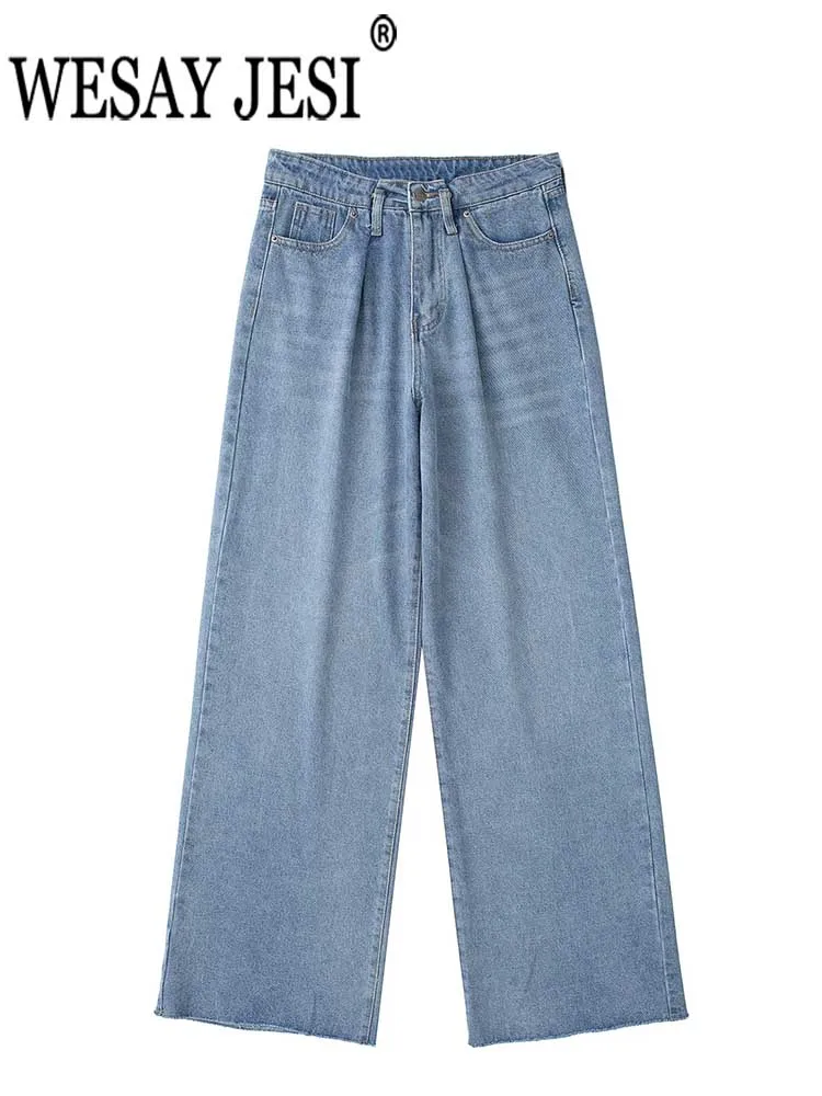 

Модные женские джинсы WESAY JESI, повседневные однотонные синие джинсовые брюки, женские простые свободные широкие брюки на молнии с карманами, ...