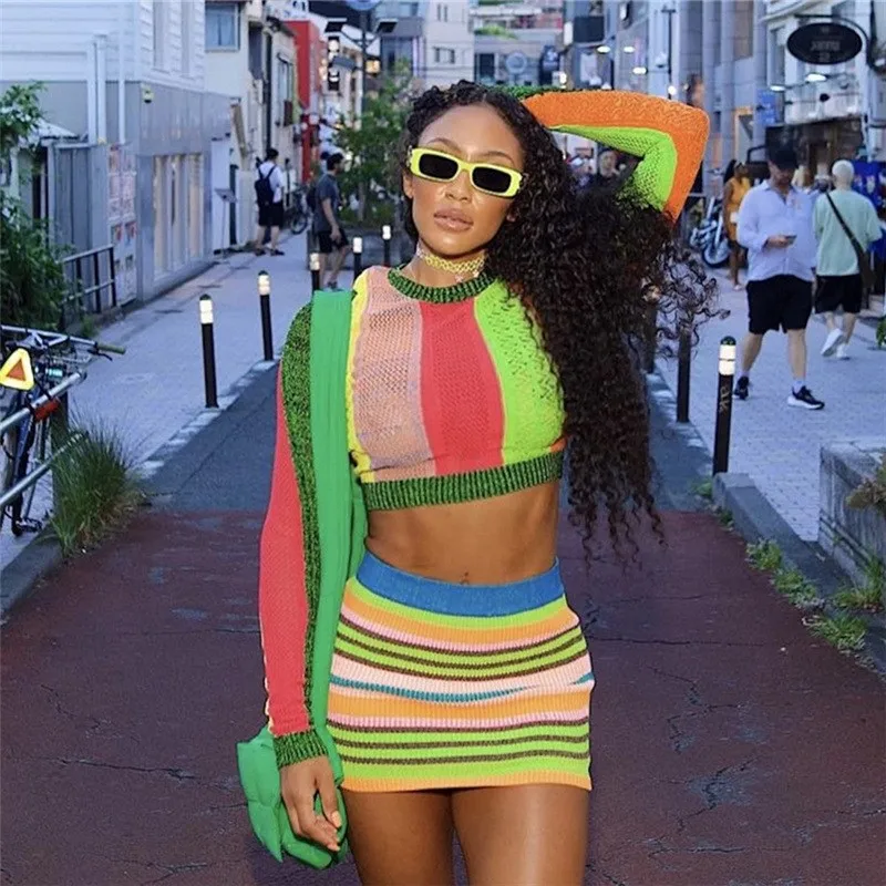 

Swimsuit Cover Up Dress Bikini Sets Pareo Beach Set Women New 2023 Stripe Color Print Sexy Long Sleeve Slim One Short Skirt Suit