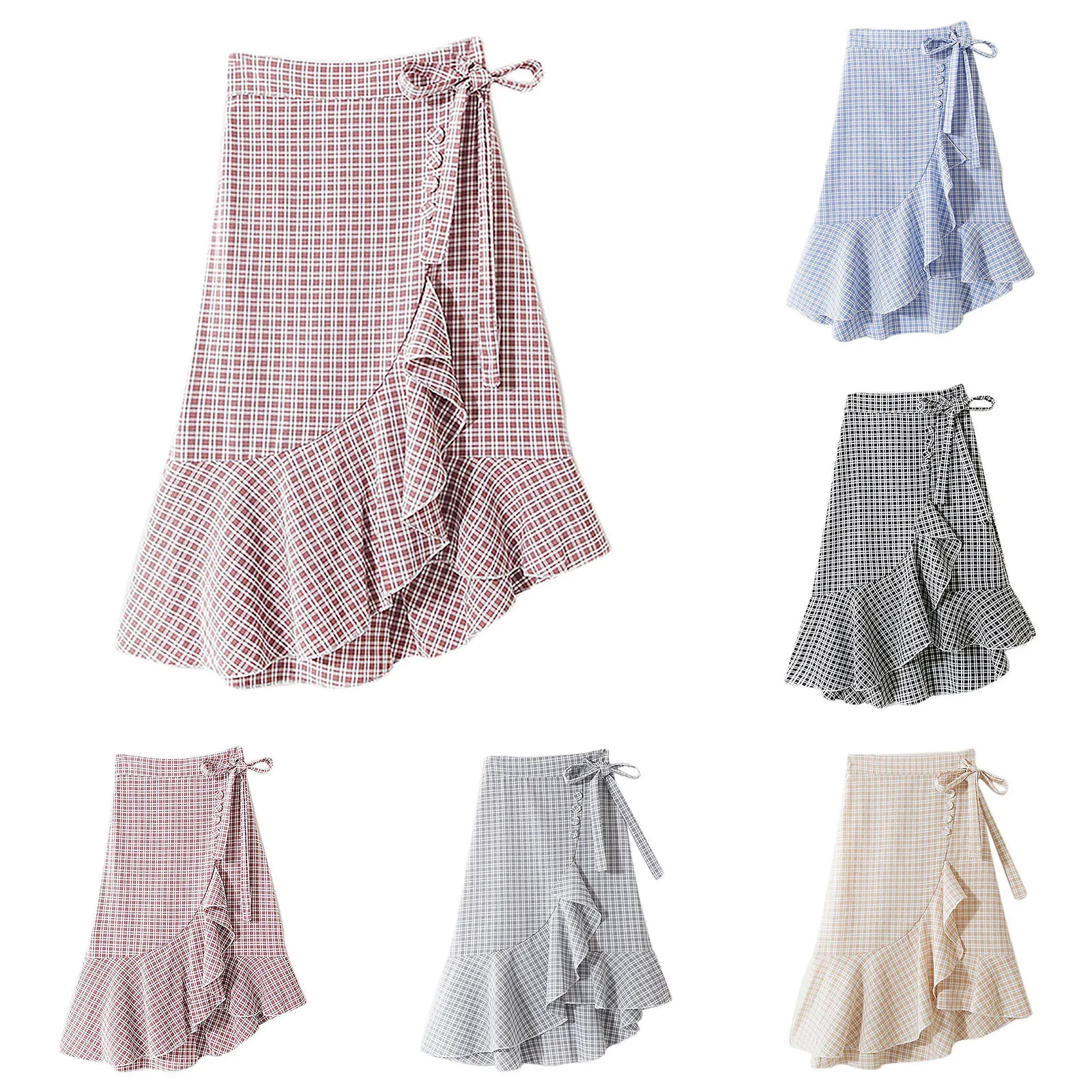 

Women's Fashion Elastic High Waist Plaid Mid-length Asymmetric Ruffles Skirt Toddler Ballet Skirt