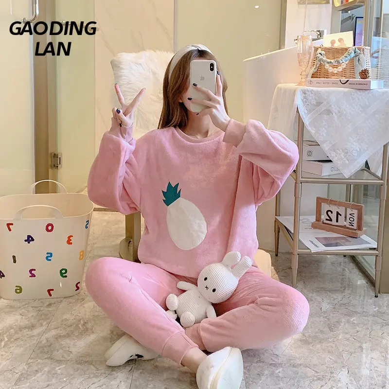 

New Thick Warm Flannel Winter Women Long Sleeve Pajamas Set Large Size Pink Pineapple Print Home Pyjamas Coral Velvet Sleepwear