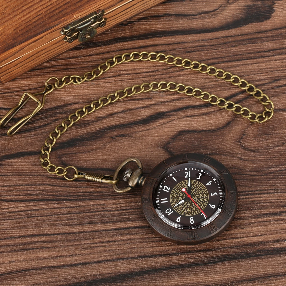 Pocket Watch for Men Luxury Ebony Wood Quartz Pocket Watch Pendant Transparent Arabic Numerals Dial Gift for Women Relógio