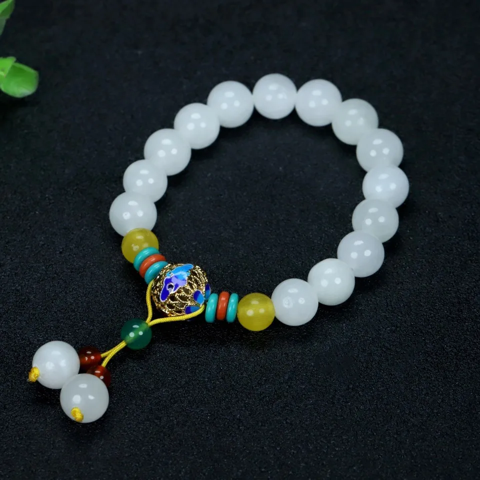 

10mm Natural White Jade Tassel Bracelet Cloisonne Enamel Round Beads Chinese Nephrite Hetian Jades Bracelets Men Women Bangles