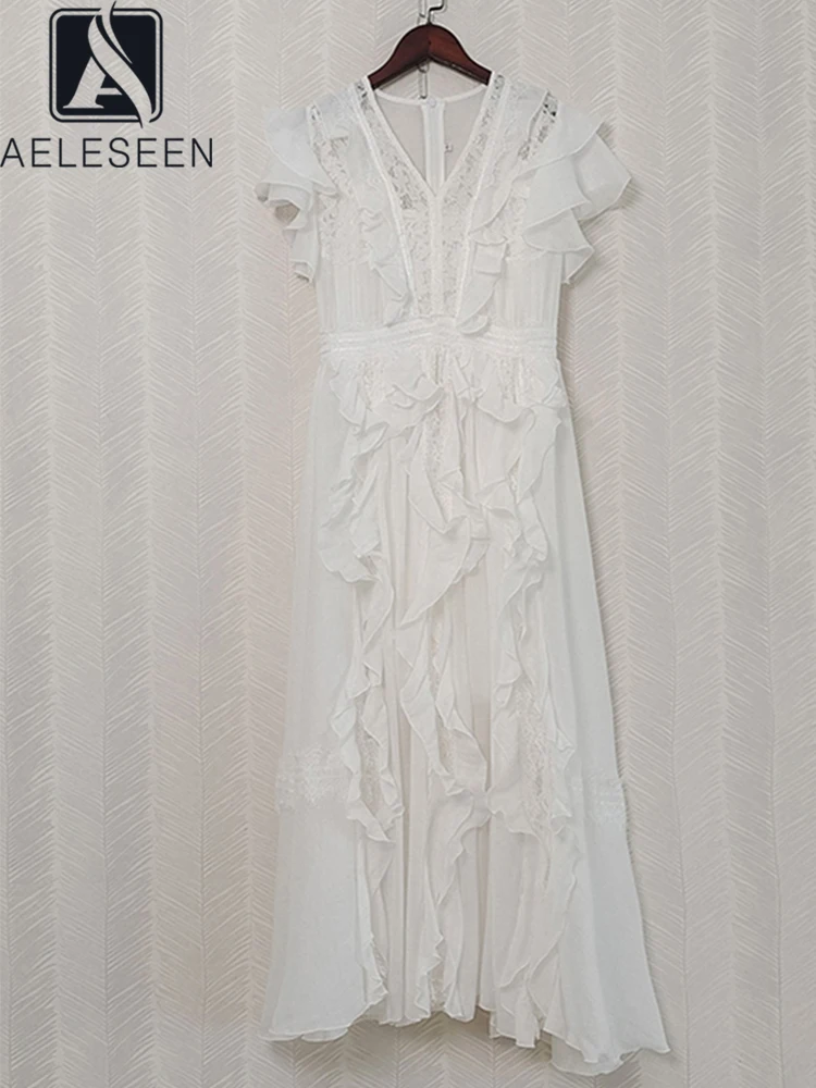 

AELESEEN модное подиумное длинное платье 2022, летнее женское белое платье с оборками, кружевное лоскутное платье высокого качества, однотонные белые вечерние платья