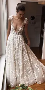 Image for Illusion Deep V Wedding Dress Appliques Bride Gown 
