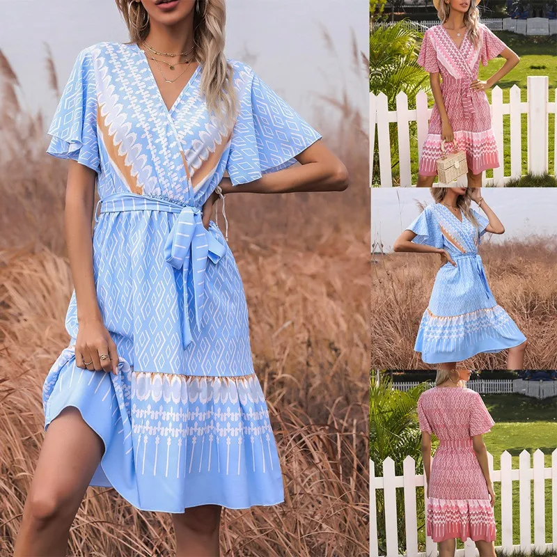 

Summer French Print V-Neck Short-Sleeve Lace-Up Dress