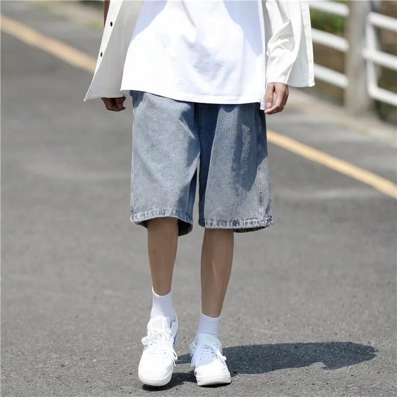 

Summer Blue Denim Shorts Men's Fashion Casual Straight Denim Shorts Mens Japanese Streetwear Hip Hop Loose Jeans Shorts Men