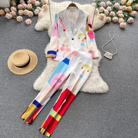 spring autumn tracksuit notched full sleeve blazers pants suit two piece casual office lady outfit printed women set uniform new
