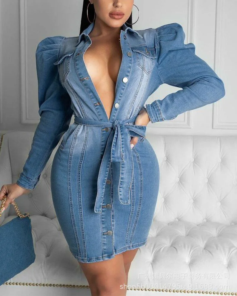 

Jean Dress Women 2022 Spring Autumn Turn Down Collar Button Tied Pencil Dress Sexy Slim Fit Denim Dress