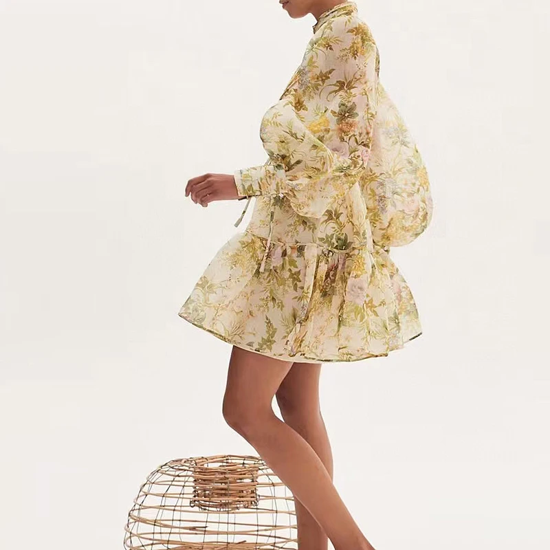 

Женское дизайнерское платье из натурального шелка, с рукавами-фонариками и цветочным принтом