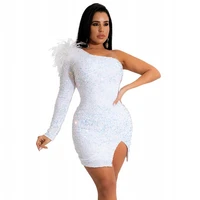 chic fashion feather sequin party dress for women solid one shoulder stretch skinny slit mini dress sexy nightclub spring summer