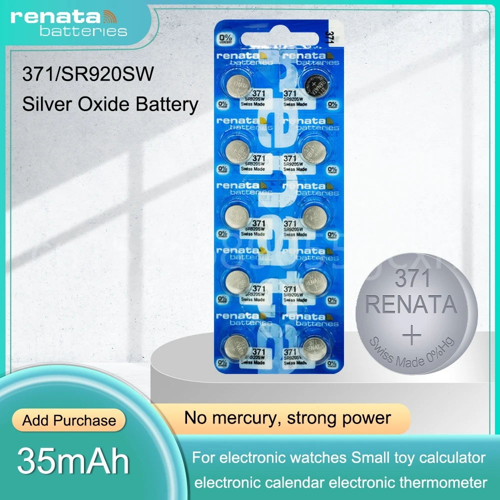 Новый аккумулятор Renata 371 SR920SW AG6 LR920 LR69 920 1,55 в из оксида серебра для часов, игрушечный пульт, швейцарская кнопка, монетница