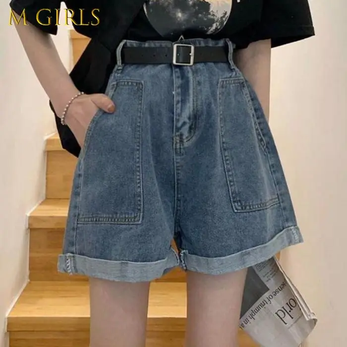

M GIRLS Shorts Women Retro Ulzzang Fashion Crimping Denim All-match College Style Streetwear Basic Solid Loose Summer Hot Sales