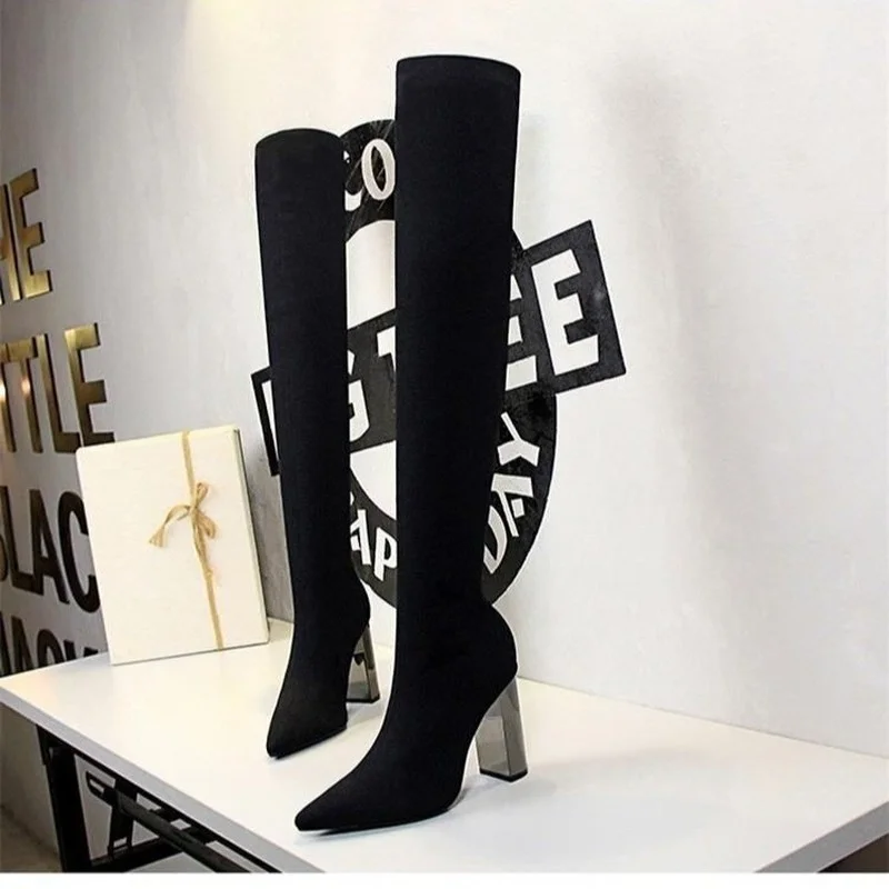

Woman Long Boots Knee High Boots Square Metal Heel High Heeled Pointy Sexy Elasticity Thin Wool Boots botas estampadas mujer