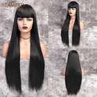 Длинный прямой синтетический черный парик с челкой парики из термостойкого волокна для женщин ежедневный косплей парик