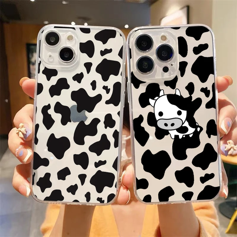 

Cute Cow Print Fundas Luxury Transparent Phone Case For iPhone 14 13 12 11 Pro Max XS X XR SE3 7 8 Plus Shockproof Cover Fundas