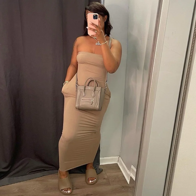 

Sexy Tube Top Long Maxi Dress with Pockets Casual Summer Dresses for Women 2021 Oversized Bodycon Dress Party Clubwear Dress