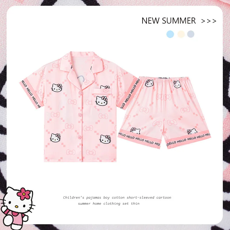 

Kawaii Anime Sanrios Mymelody Kuromi Cinnamoroll Pajamas Children's Lapel Short-Sleeved Cardigan Cute Cartoon Homewear Set