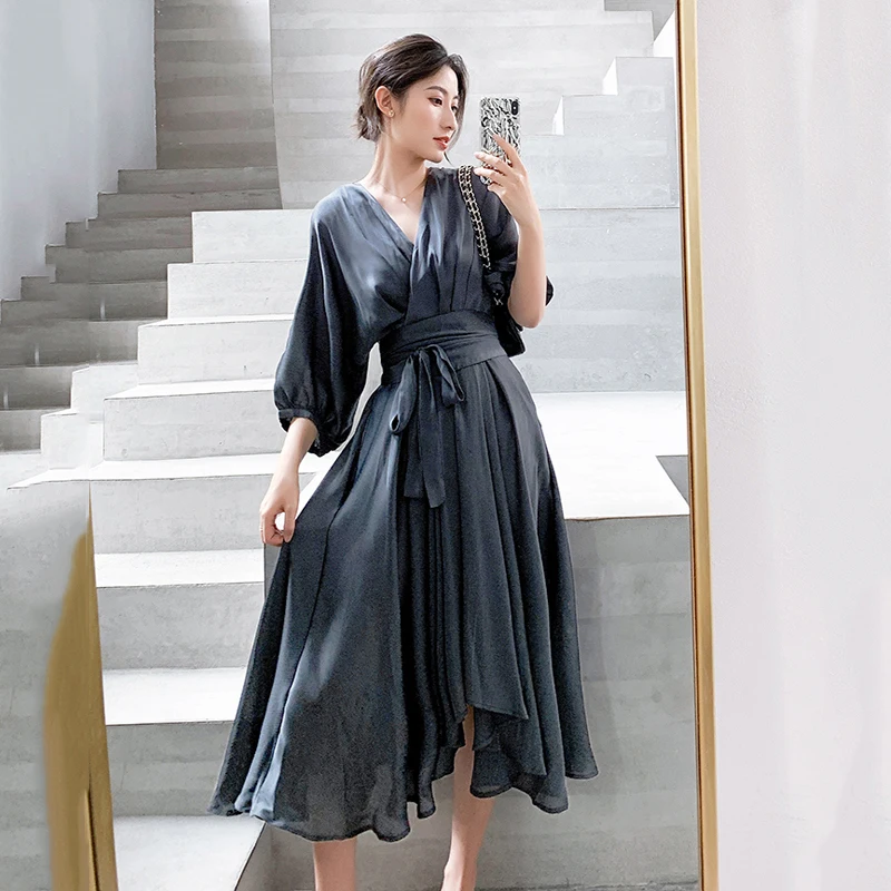 

Elegant Summer Dress Satin Smoke Grey Surplice Wrap Knot Half Sleeve High Waist Party Dresses Women Clothes 2022 Summer