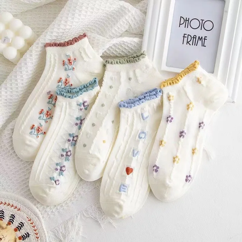 5Pairs/Lot Cute Summer Women Short Socks Boat Chaussette Femme Cotton Ankle Lace Mujer Sock Female Mesh Breathable Calcetines