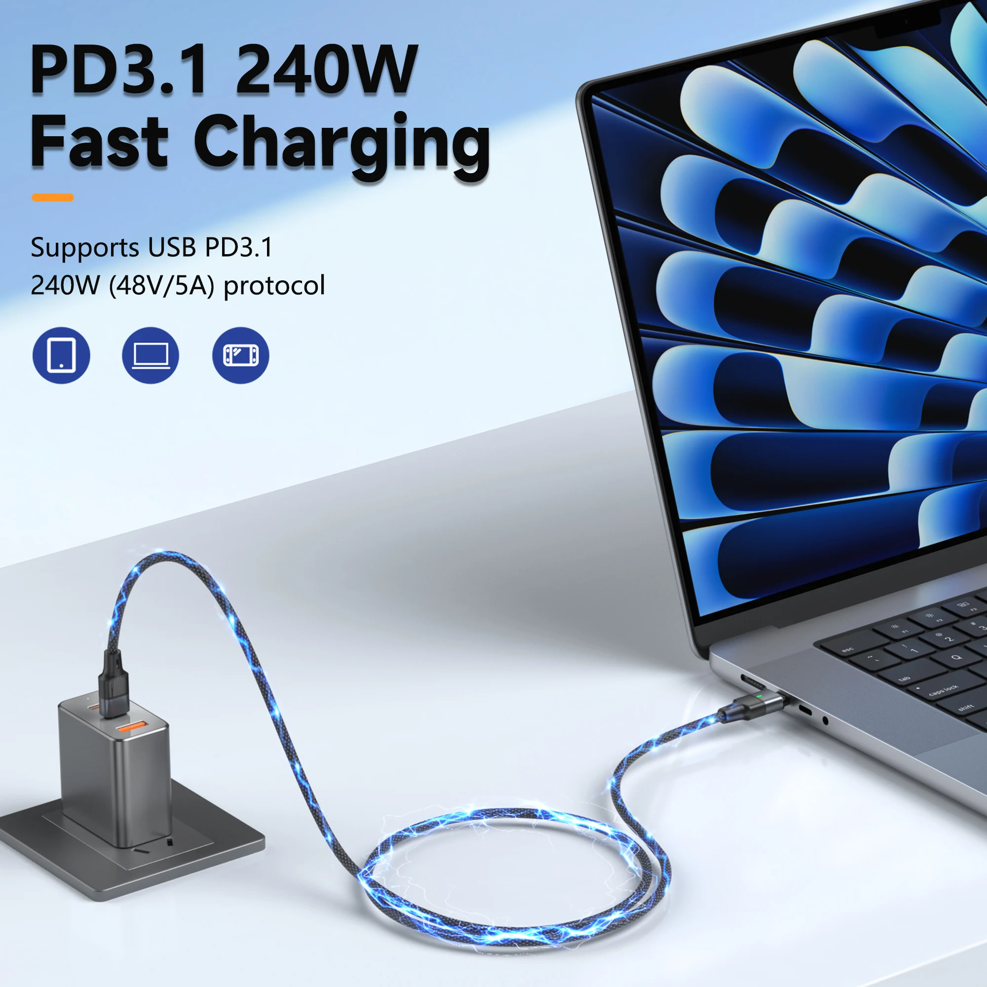 Фото Кабель USB-C на Type-C с магнитным креплением, 240 Вт, PD 3.1, для быстрой зарядки, со встроенным интерфейсом, для iPhone 17, 16, Huawei, Samsung S23 №5