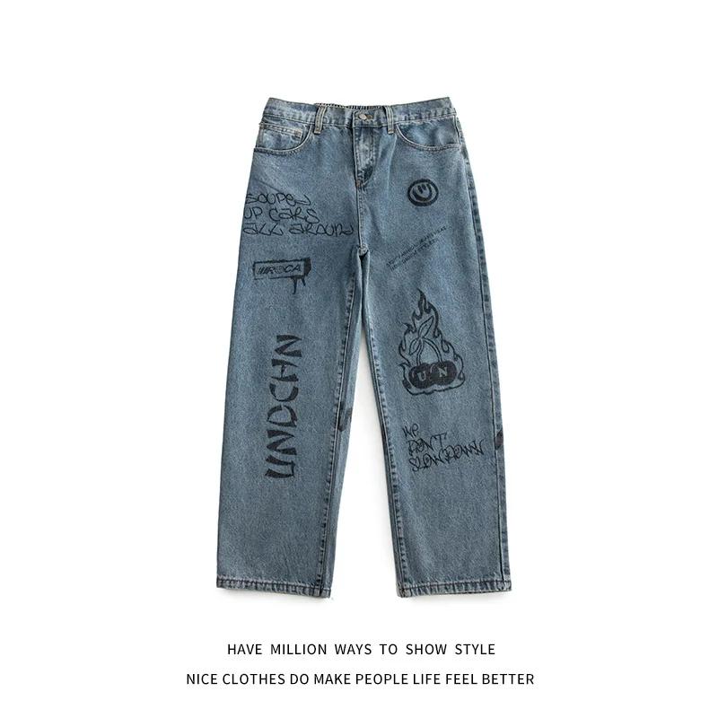 

New Arriva Graphic Autumn Spring Straight Men's Denim Pants Unisex Women's Boyfriend Style Sweatpant Trousers Casual High Street